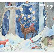 Bunte winterliche Szene mit Tieren und einem Baumhaus.