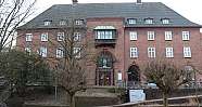 Blick auf ein historisches Gebäude mit blühenden Krokussen im Vordergrund.